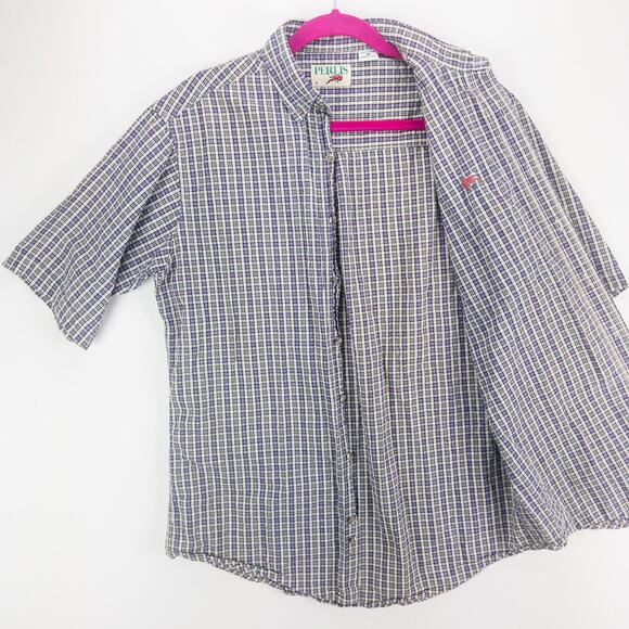 Perlis Seersucker Shirt Men's Medium Short Sleeve Button Down Blue Green Stripes - Picture 7 of 13